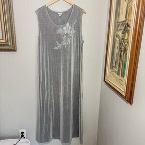 Vtg 90s Hypnotic Grey Ribbed Maxi Dress Floral Stamp Whimsigoth Plus Size XL 1X